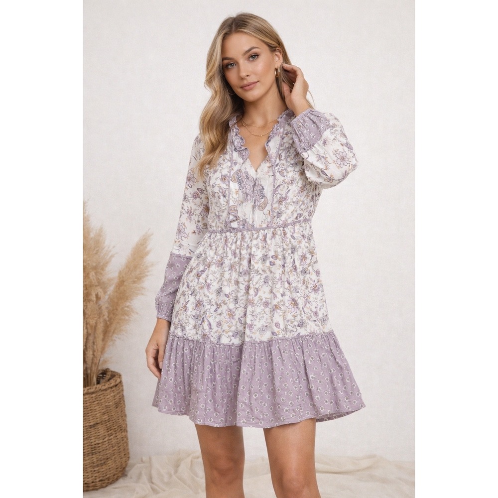 Lovestitch Floral Paisley Tiered Mini Dress Lavender Purple Small‎ romantic boho